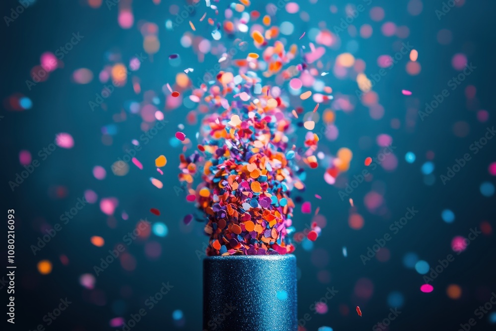 A vibrant explosion of confetti is released from a popper, showcasing an array of colors against a blue background. This lively moment captures the essence of celebration and joy.