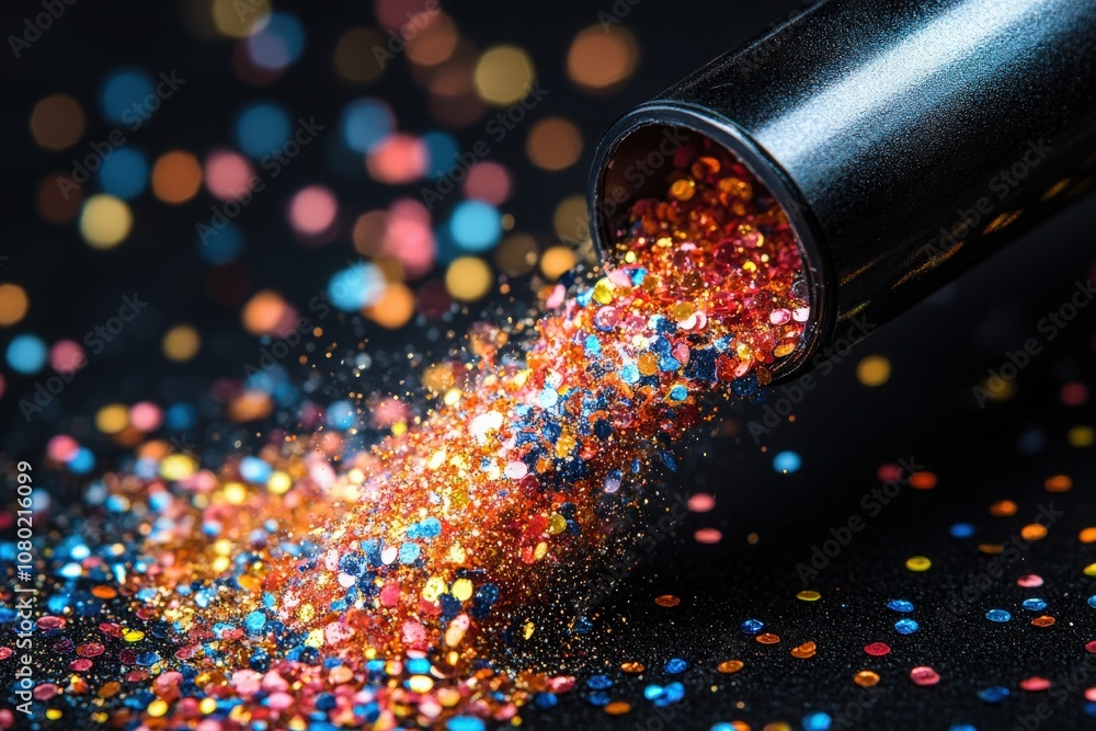 A vibrant explosion of multicolored confetti emerges from a party popper, shimmering against a deep black backdrop, capturing the essence of celebration and joy.
