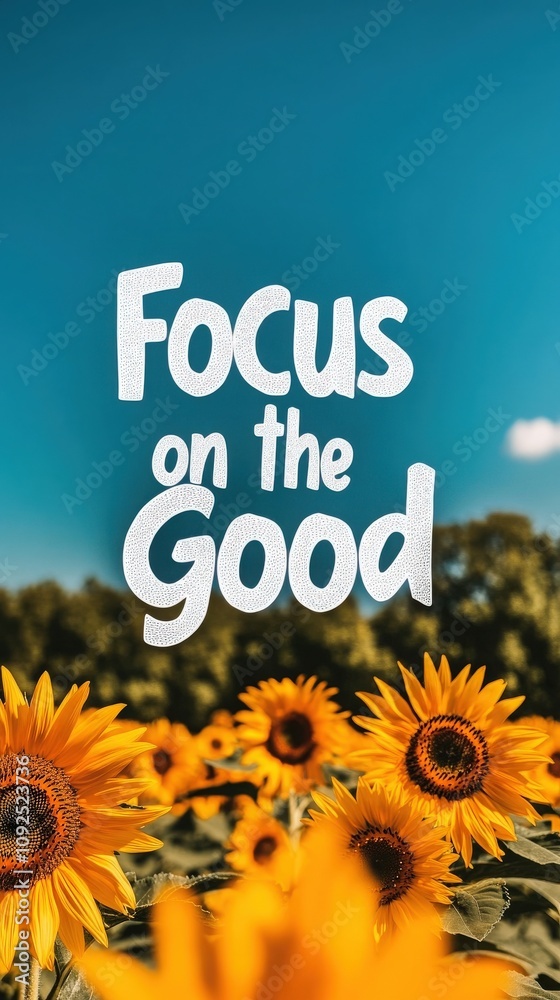 A vibrant field filled with blooming sunflowers under a clear blue sky showcases an inspiring message encouraging positivity. The cheerful flowers stand tall, inviting joy and optimism.
