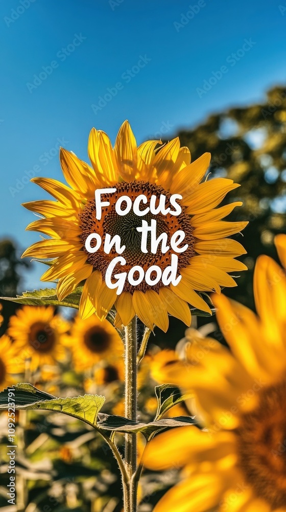 A vibrant field of sunflowers stretches under a clear blue sky. One sunflower stands tall, featuring the uplifting phrase focus on the good, promoting a positive mindset amidst natures beauty.