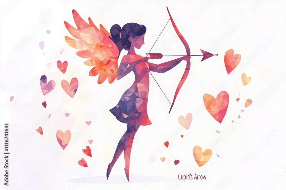 A vibrant figure with wings aims a bow and arrow towards an array of colorful hearts floating around. The design features a blend of pinks and purples, suggesting a theme of love and affection.