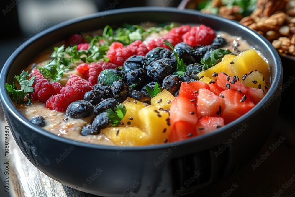 A vibrant fitness tracker rests on a wooden table surrounded by a variety of fresh fruits and healthy snacks. The detailed arrangement highlights an active lifestyle and nutrition focus.