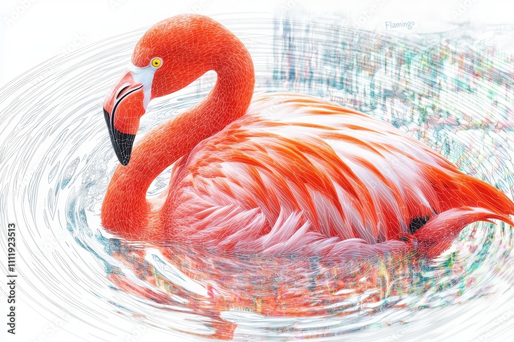 A vibrant flamingo gently swims in calm waters reflecting sunlight. Its striking pink feathers contrast beautifully with the clear surroundings, showcasing natures artistry in a tranquil setting.