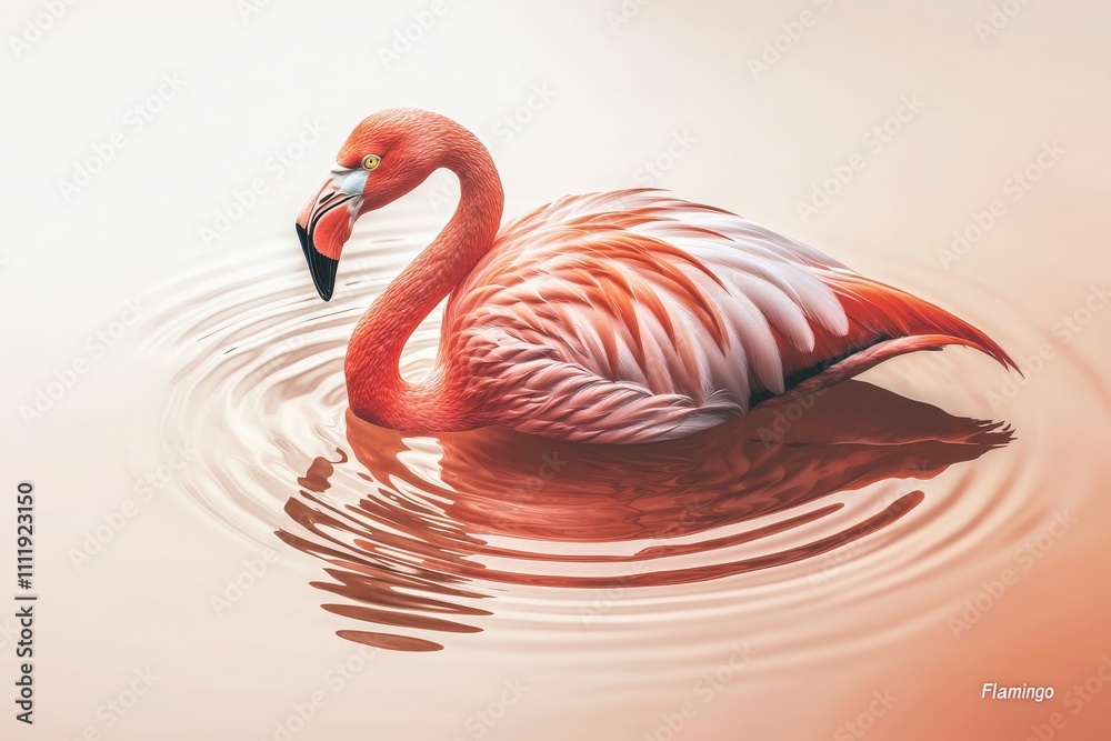 A vibrant flamingo glides across calm waters, its reflection mirrored in the shimmering surface. Warm light bathes the scene, highlighting its striking pink plumage in a tranquil lakeside setting.