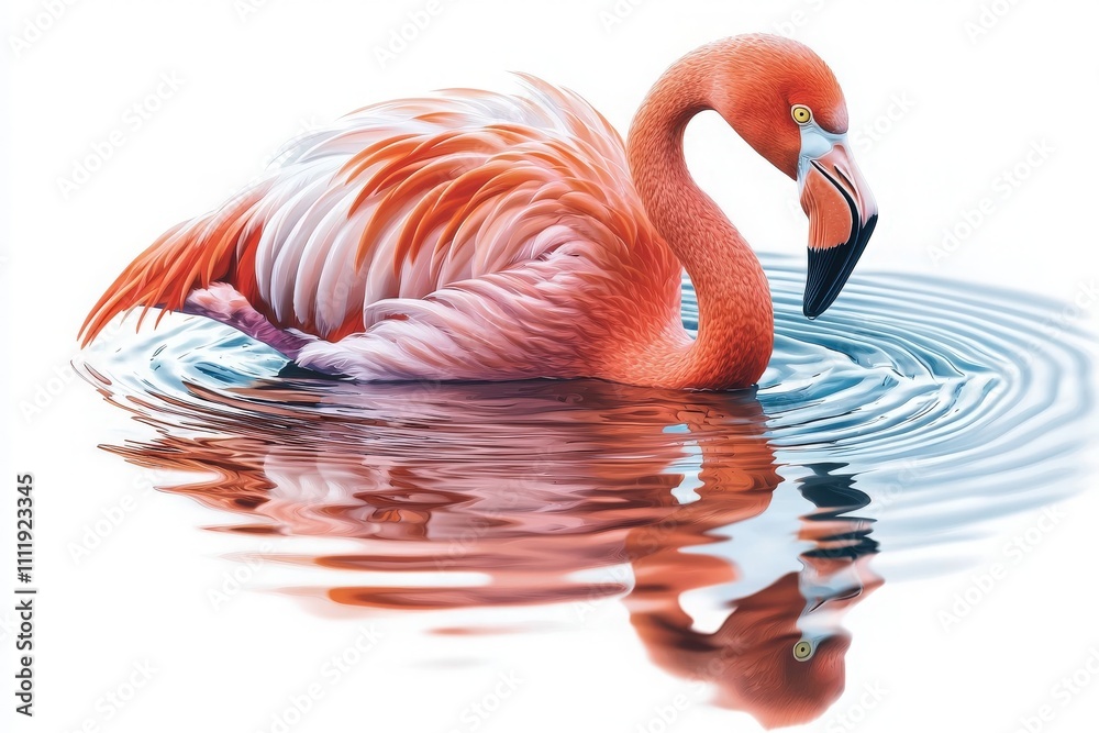 A vibrant flamingo stands gracefully in shallow water, its striking pink feathers contrasting against the rippling surface. The calm environment enhances its elegance and beauty.