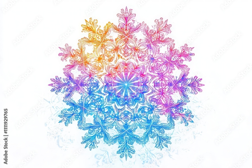 A vibrant geometric pattern displays an elaborate design with floral elements in shades of pink, blue, and orange. The harmonious colors create a visually engaging centerpiece.