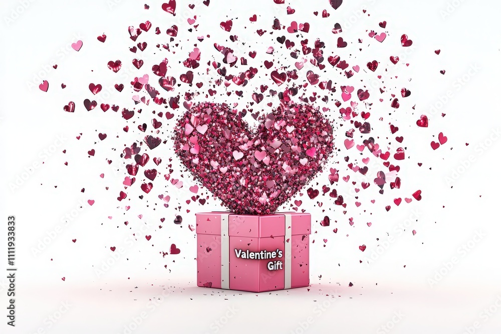 A vibrant gift box labeled Valentines Gift erupts with scattered pink and red hearts, creating a festive atmosphere. The playful arrangement emphasizes love and celebration for the special occasion.