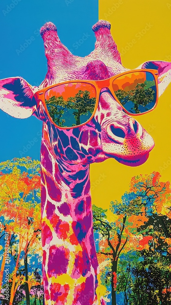 A vibrant giraffe poses with large sunglasses, surrounded by colorful trees and contrasting backgrounds of blue and yellow. The bold colors create a lively and playful atmosphere.