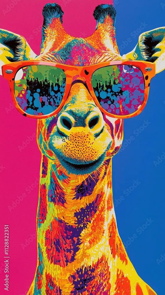 A vibrant giraffe sports oversized colorful sunglasses, creating a playful and artistic view against a vivid blue and pink background that enhances its bold features.