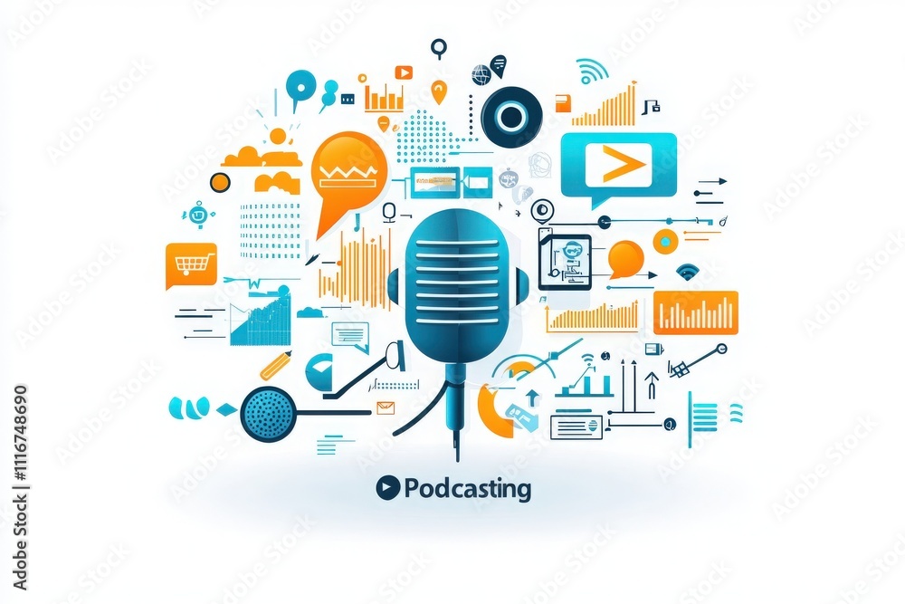 A vibrant graphic design featuring a vintage microphone surrounded by various icons symbolizing podcasting, audio production, and data analytics.