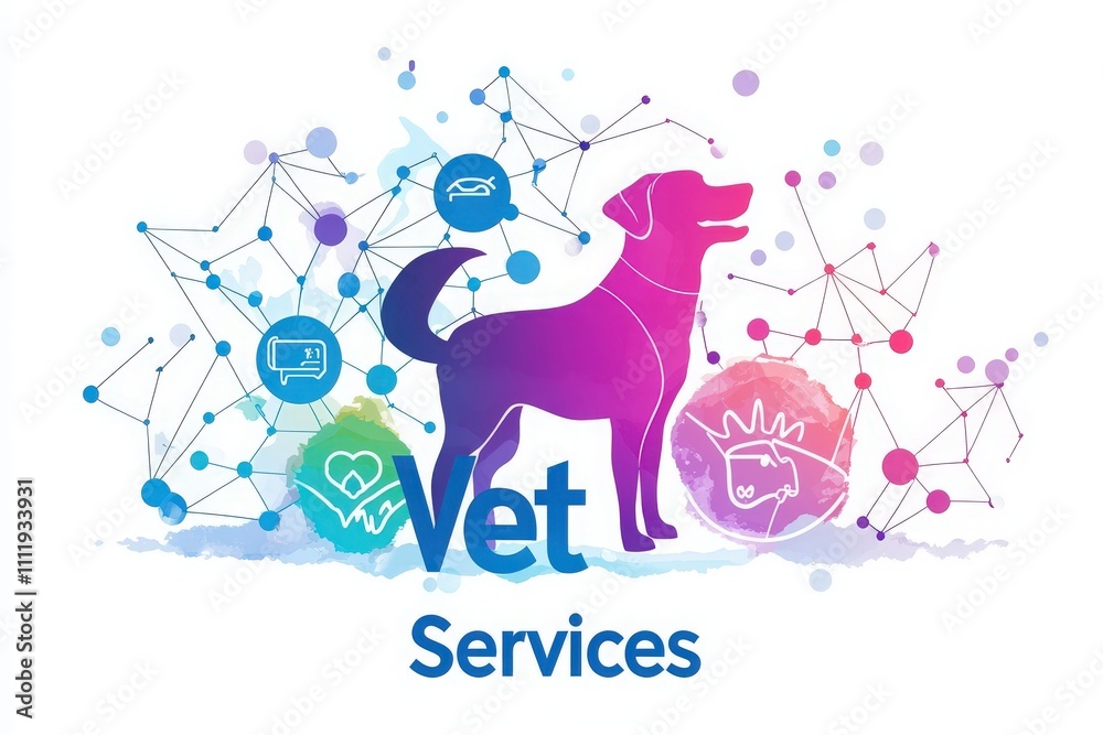 A vibrant graphic features a dog silhouette surrounded by colorful icons representing various veterinary services. The design emphasizes animal health and care, attracting pet owners.