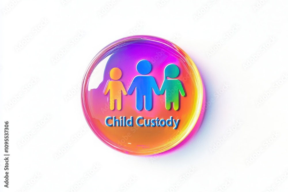 A vibrant graphic illustrates a child custody theme, featuring two adult figures and a child holding hands. The bright colors create an engaging visual focus on family unity and care.