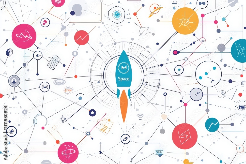 A vibrant graphic showcases a rocket at the center, surrounded by colorful icons symbolizing various scientific fields and concepts related to space exploration and technology.