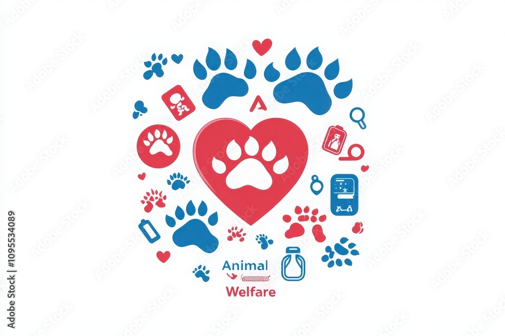 A vibrant graphic showcasing various symbols and icons related to animal welfare, including hearts, paw prints, and essential tools, highlighting a commitment to caring for animals.