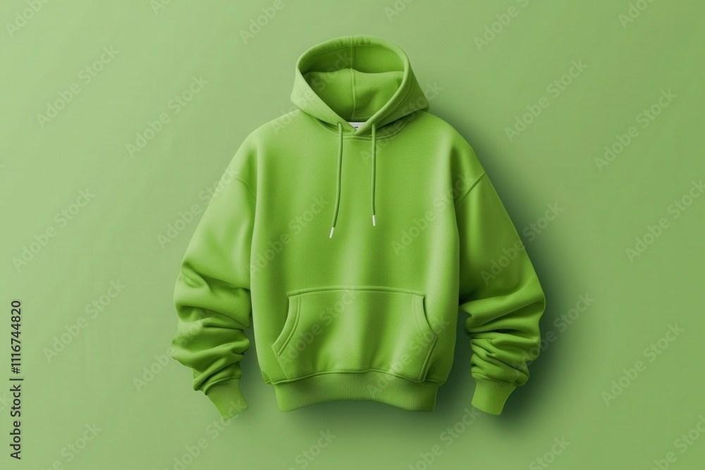 A vibrant green hoodie is displayed against a solid green backdrop, highlighting its comfortable design and casual style. The hoodie features a front pocket and a cozy hood.