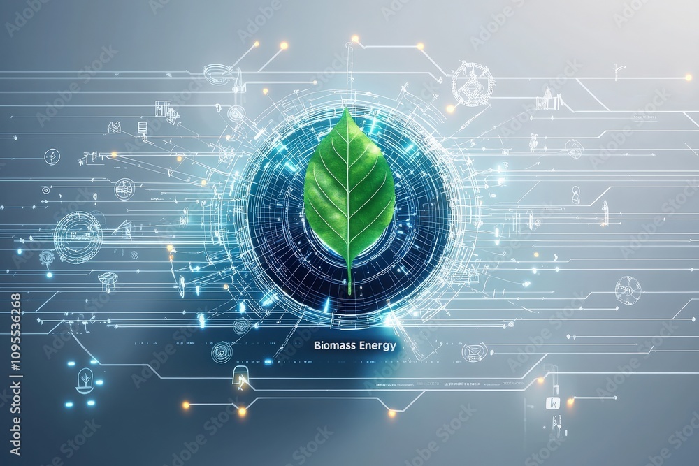 A vibrant green leaf is centrally displayed, symbolizing biomass energy, surrounded by a digital network. The background features abstract technology elements, highlighting sustainability.