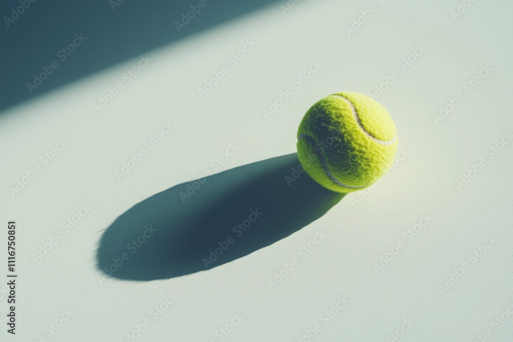 A vibrant green tennis ball rests on a smooth surface, illuminated by soft daylight. The shadow it casts is elongated, creating a striking visual contrast.