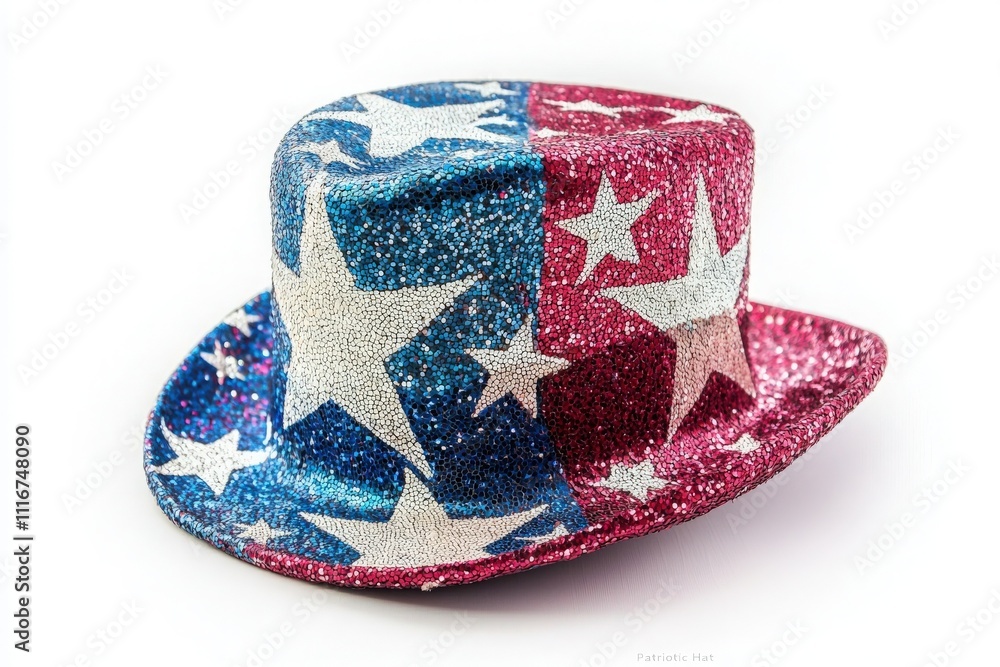 A vibrant hat featuring red, white, and blue glitter with star patterns, perfect for patriotic events, parties, or celebrations. The sparkling design adds a festive touch to any outfit.