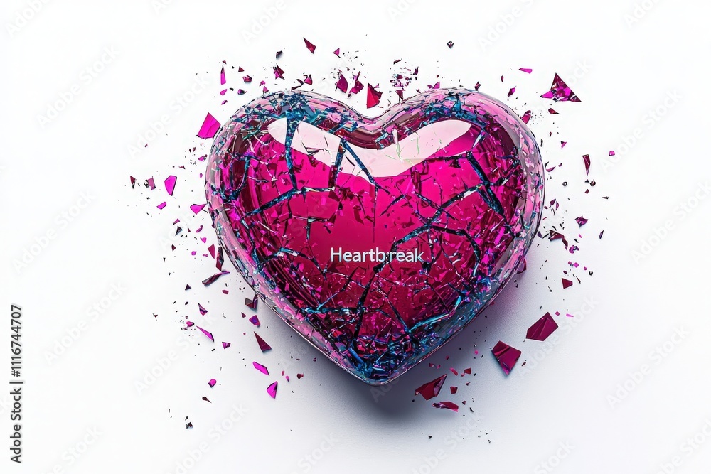 A vibrant heart-shaped glass object lies shattered on a white surface, with bright pink and purple shards scattered around. The word Heartbreak is inscribed in the center, representing emotional loss.