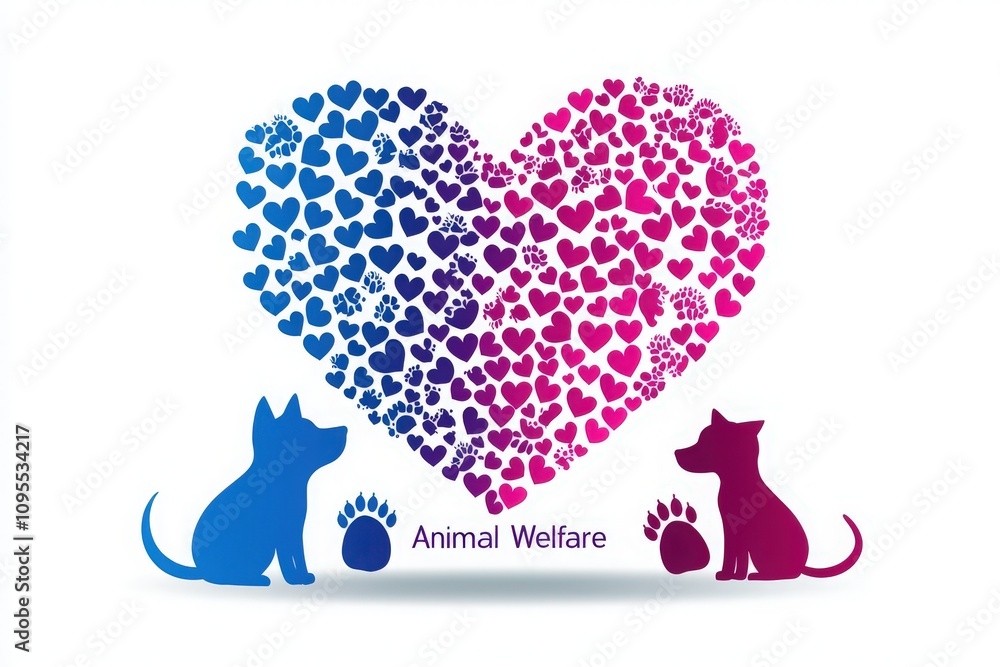 A vibrant heart made of various colorful hearts symbolizes love for animals. Two silhouetted dogs sit beneath the heart, emphasizing compassion for animal welfare.