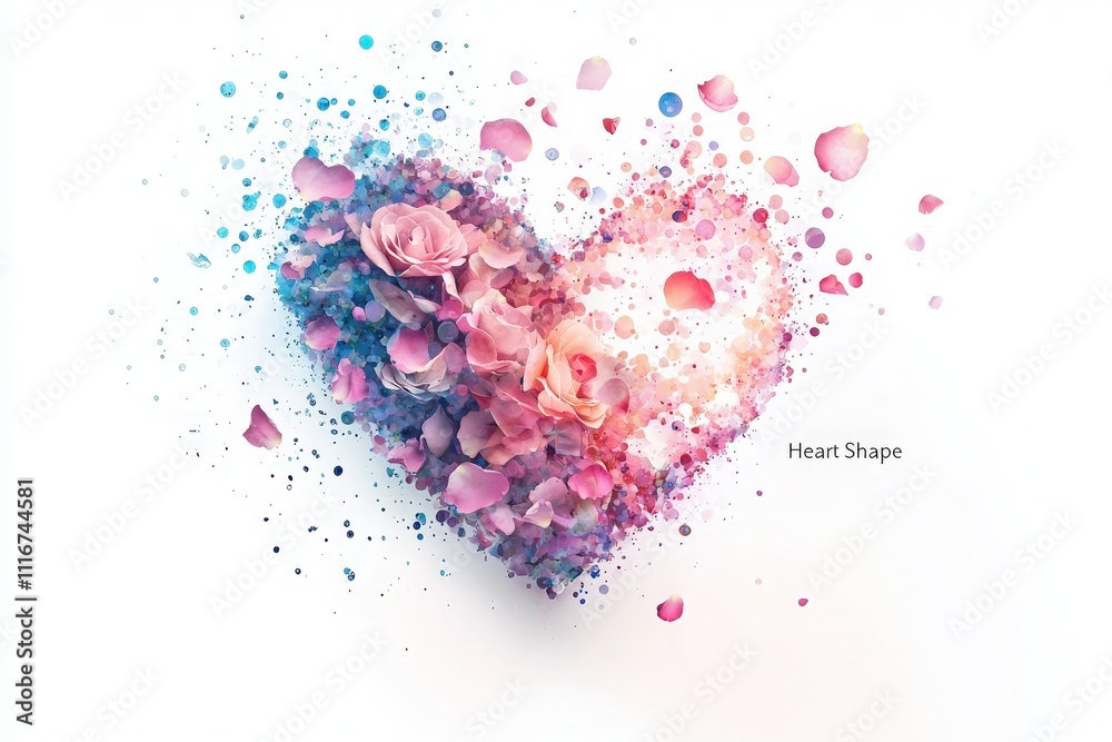 A vibrant heart shape composed of delicate rose petals and colorful splashes fills the space with warmth and emotion. This artistic representation evokes feelings of love and joy.