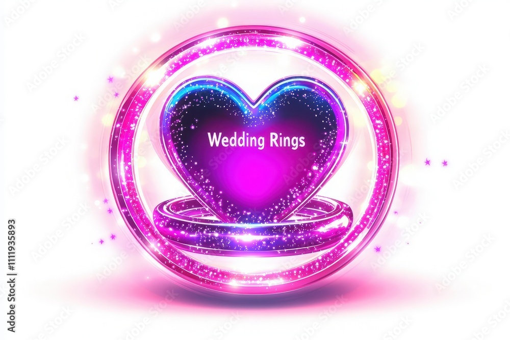 A vibrant heart shape filled with shimmering colors surrounds two elegant wedding rings. The design conveys love and commitment, perfect for a romantic occasion like a wedding.