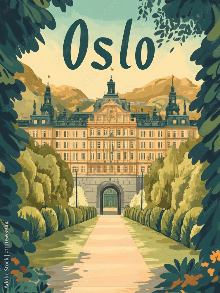 A vibrant illustration captures a historic building in Oslo, framed by lush trees. The architecture showcases intricate details, and surrounding greenery enhances the serene atmosphere.