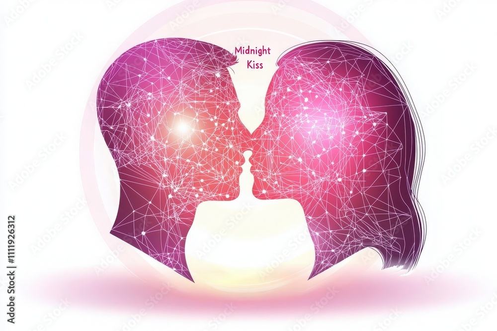 A vibrant illustration captures two faces close together, symbolizing a kiss. The artwork uses interconnected lines and glowing elements, representing love, connection, and intimacy.