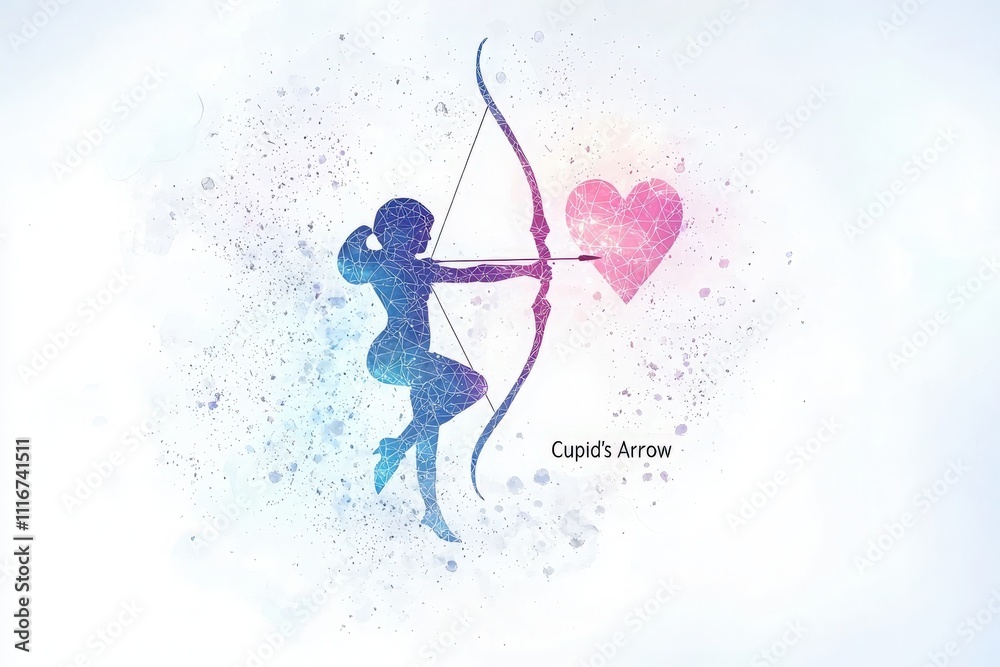A vibrant illustration depicts Cupid drawing back a bow, aiming an arrow at a large heart. The artwork features a blend of colors and intricate patterns, evoking themes of love and romance.