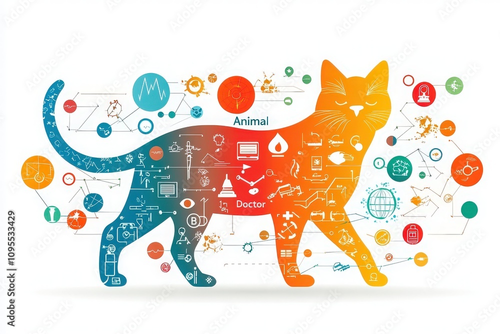 A vibrant illustration features a cat silhouette filled with various icons representing medicine and science. The background includes symbols reflecting veterinary care, research, and health.
