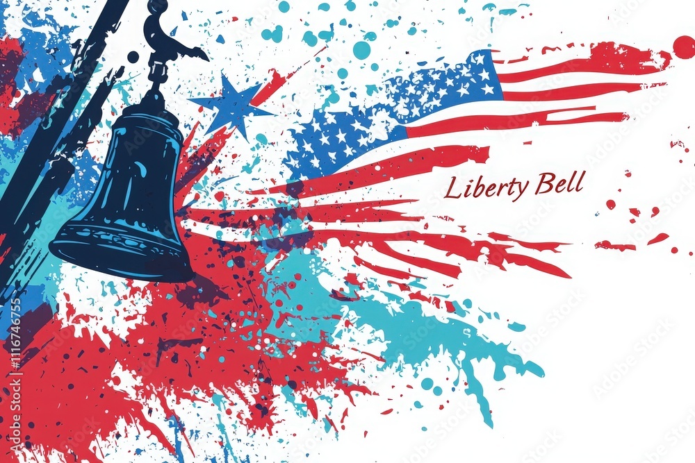 A vibrant illustration features the Liberty Bell prominently alongside a splashed American flag. The artwork combines bold colors, symbolizing patriotism and history.