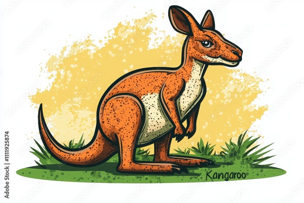 A vibrant illustration of a kangaroo in a grassy setting with a warm yellow background. The kangaroo appears lively, showcasing its unique features and playful stance.