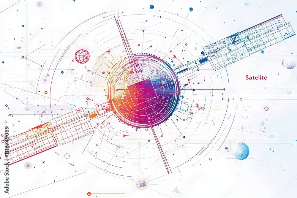 A vibrant illustration of a satellite surrounded by celestial elements, showcasing concepts of technology and space in a creative and abstract manner. The design emphasizes innovation.