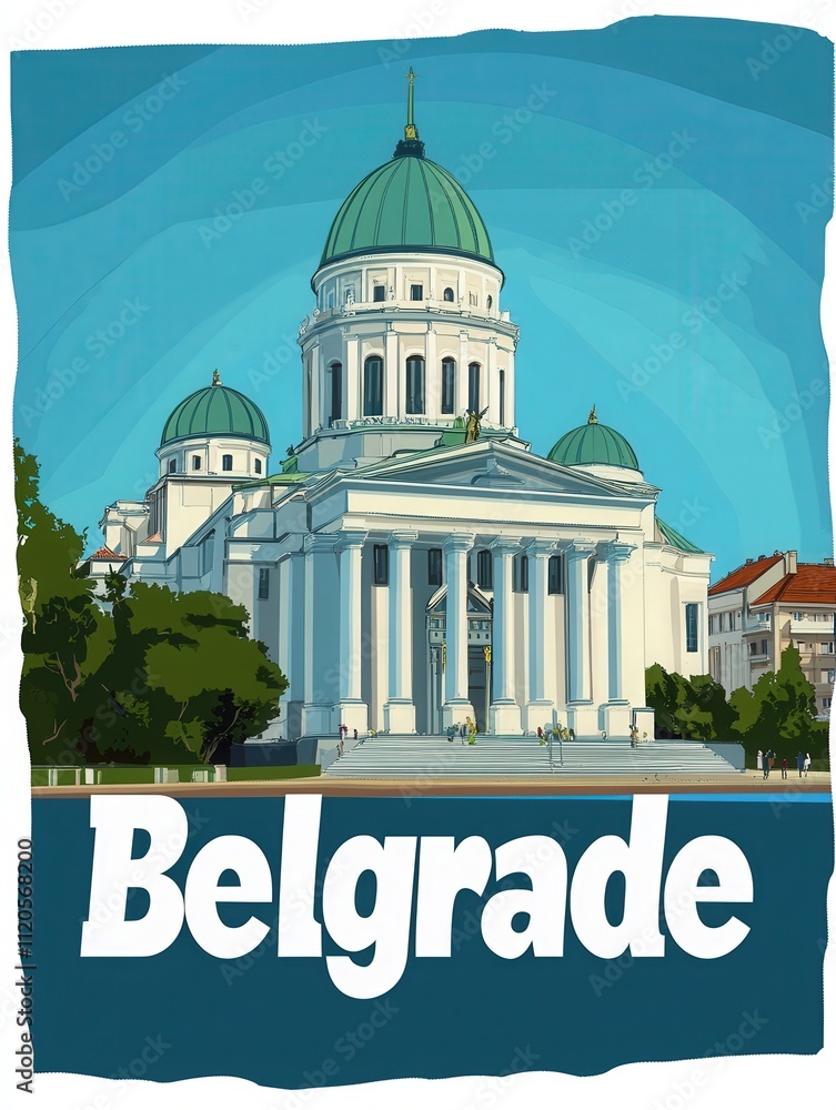 A vibrant illustration presents a well-known structure in Belgrade, featuring stunning architectural details. The sun shines brightly against a blue sky, highlighting the buildings grand dome.