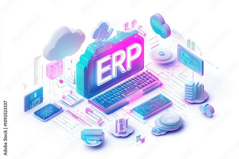 A vibrant illustration showcases ERP systems at the center of digital transformation, highlighting cloud computing, graphs, and business analysis tools in a modern workspace.