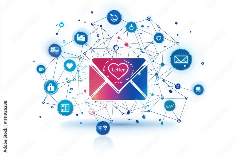 A vibrant illustration showcases a central letter symbol surrounded by various icons representing digital communication, networks, and interaction in a modern context.