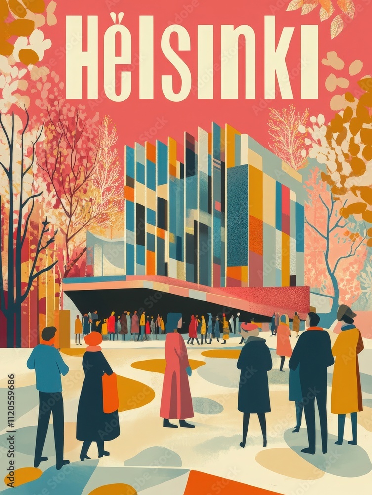 A vibrant illustration showcases a contemporary structure in Helsinki surrounded by colorful autumn foliage. Groups of people gather, enjoying the season and engaging with the architecture.