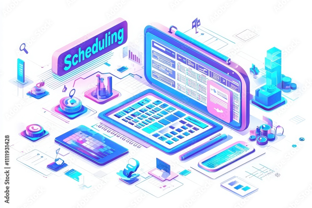 A vibrant illustration showcases a laptop centered in an organized workspace, displaying a scheduling application with various digital tools, enhancing productivity and time management.