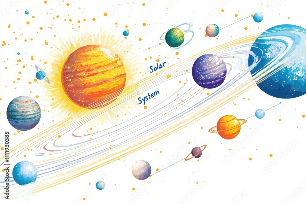 A vibrant illustration showcases the solar system with the sun at the center, surrounded by colorful planets and rings. The scene includes stars and celestial bodies, creating a cosmic atmosphere.