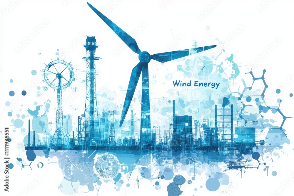 A vibrant illustration showcases wind turbines and industrial structures in a blue color scheme, highlighting the integration of renewable energy in urban environments and promoting sustainability.