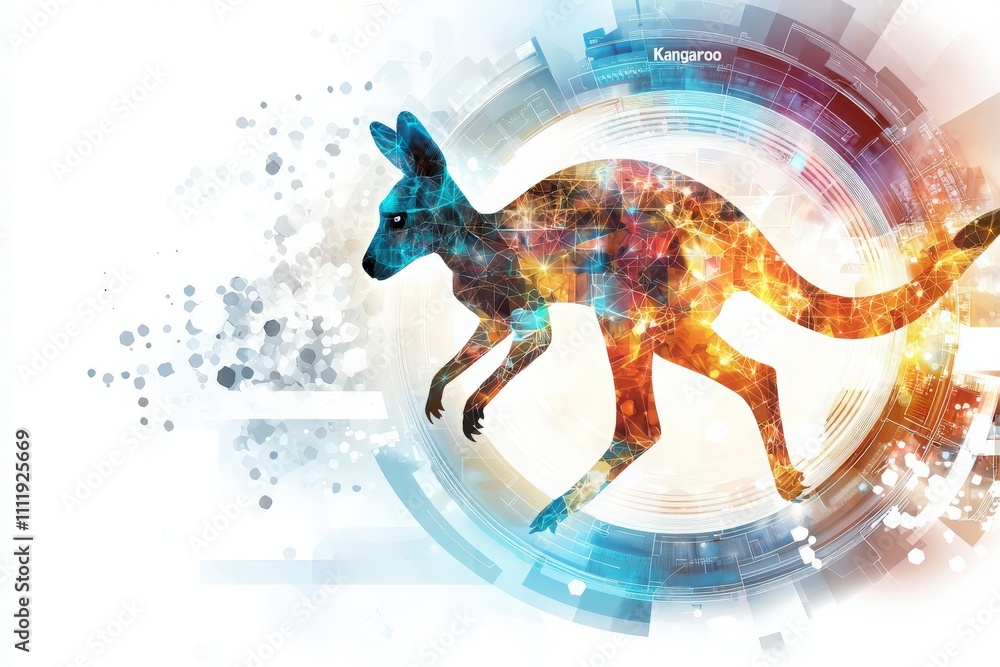 A vibrant kangaroo is depicted in a dynamic, abstract style, showcasing bright colors and geometric shapes. The design blends nature with technological elements for a modern look.