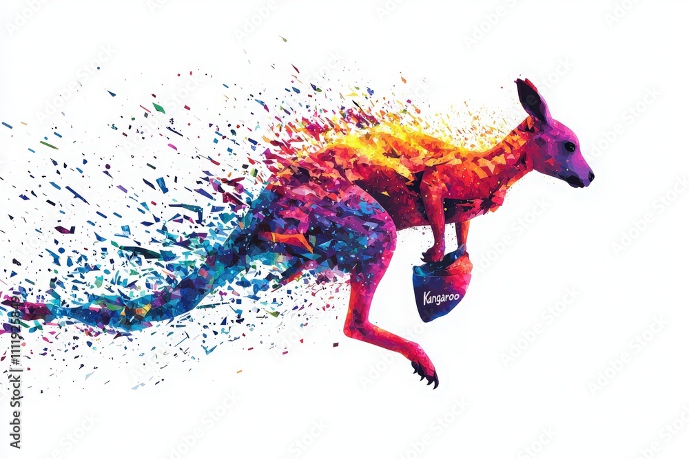 A vibrant kangaroo is depicted mid-leap, surrounded by an explosion of colors. The artwork captures the energy and dynamic movement of the kangaroo against a white background.