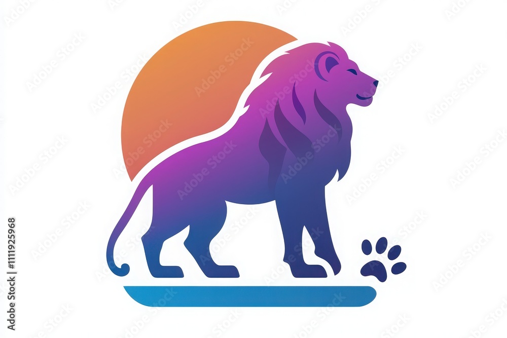 A vibrant lion silhouette stands proudly against a backdrop of warm gradient colors representing sunset. The intricate design highlights the lions mane and incorporates a paw print.