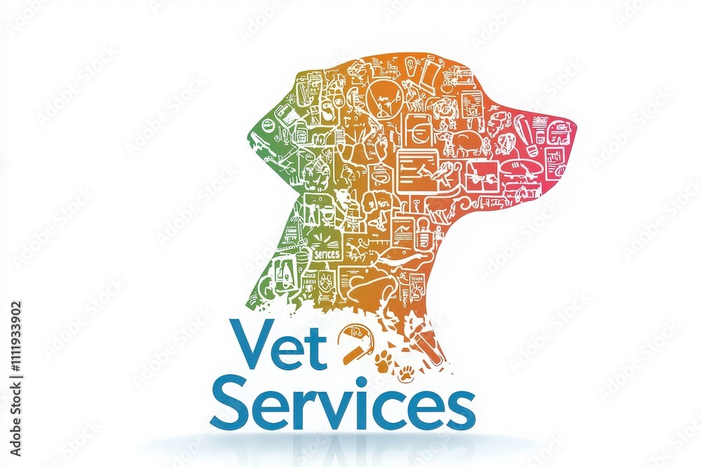 A vibrant logo showcases a dog silhouette filled with various icons representing veterinary services. The design conveys a sense of care and professionalism in animal health.