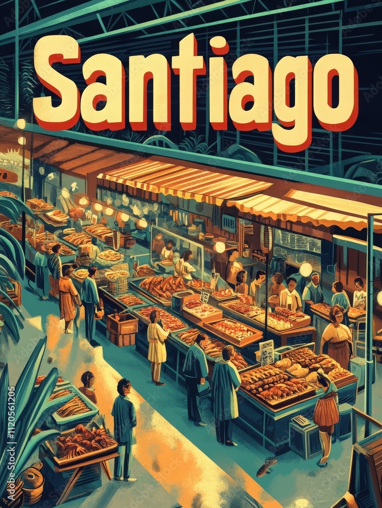 A vibrant market in Santiago features various stalls lined with fresh produce and seafood. Shoppers and vendors engage in lively exchanges under warm lights, creating an inviting atmosphere.