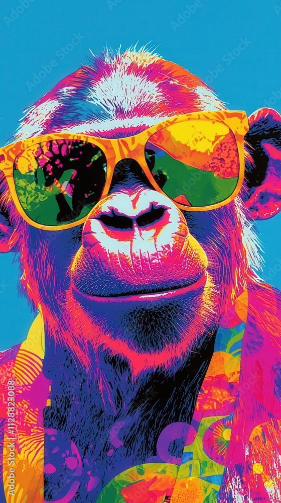 A vibrant monkey sports oversized sunglasses and a colorful necklace, showcasing an array of psychedelic colors. The bright blue background enhances the playful and lively atmosphere.