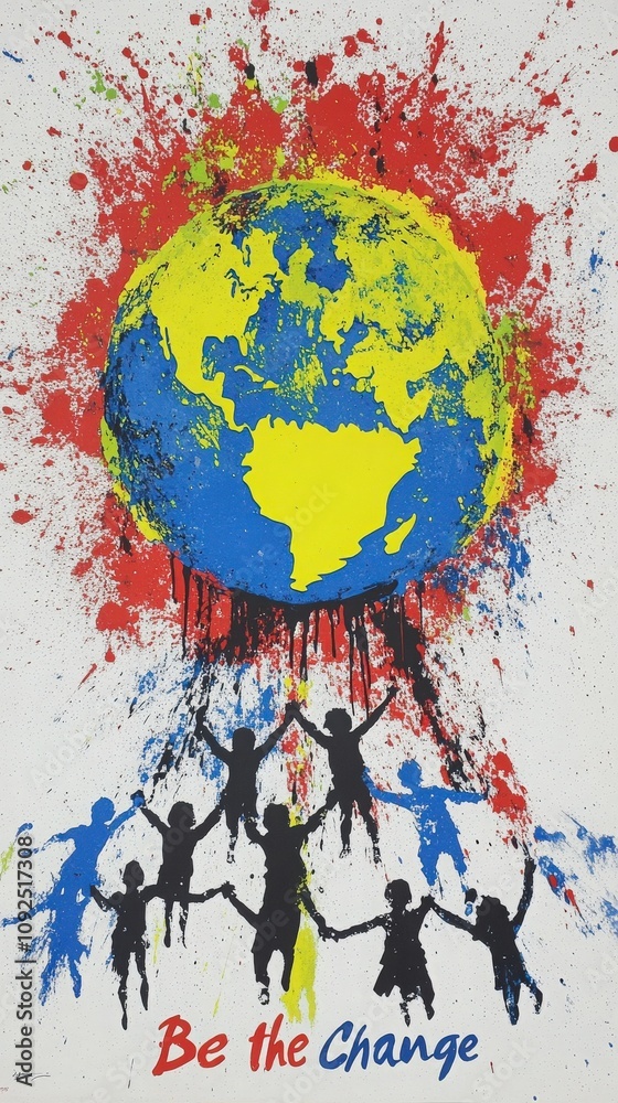A vibrant mural illustrates a globe splashed with paint, symbolizing unity and diversity. Silhouetted figures hold hands beneath the globe, conveying a message of togetherness and social impact.