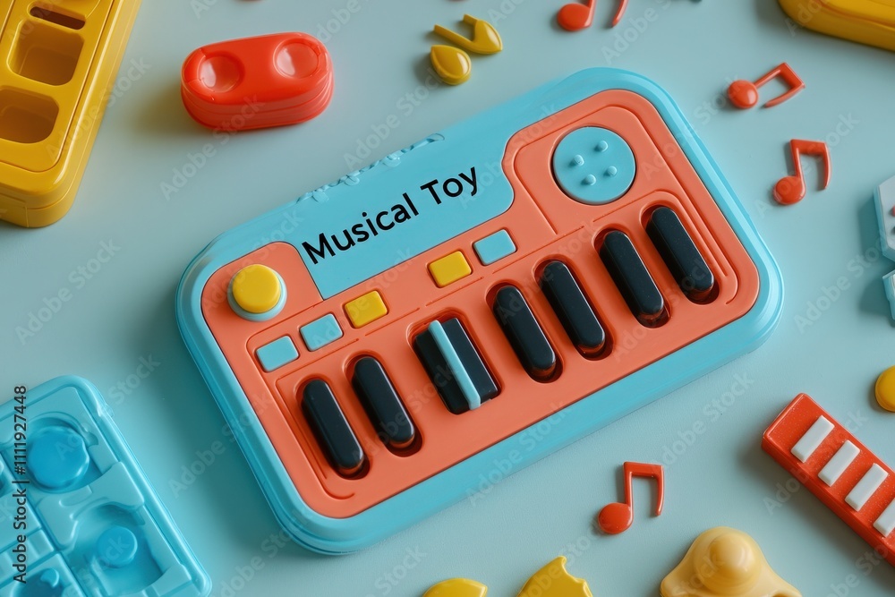 A vibrant musical toy sits on a colorful surface surrounded by playful shapes and musical notes. The toy features keys and buttons, inviting children to explore sounds and creativity.