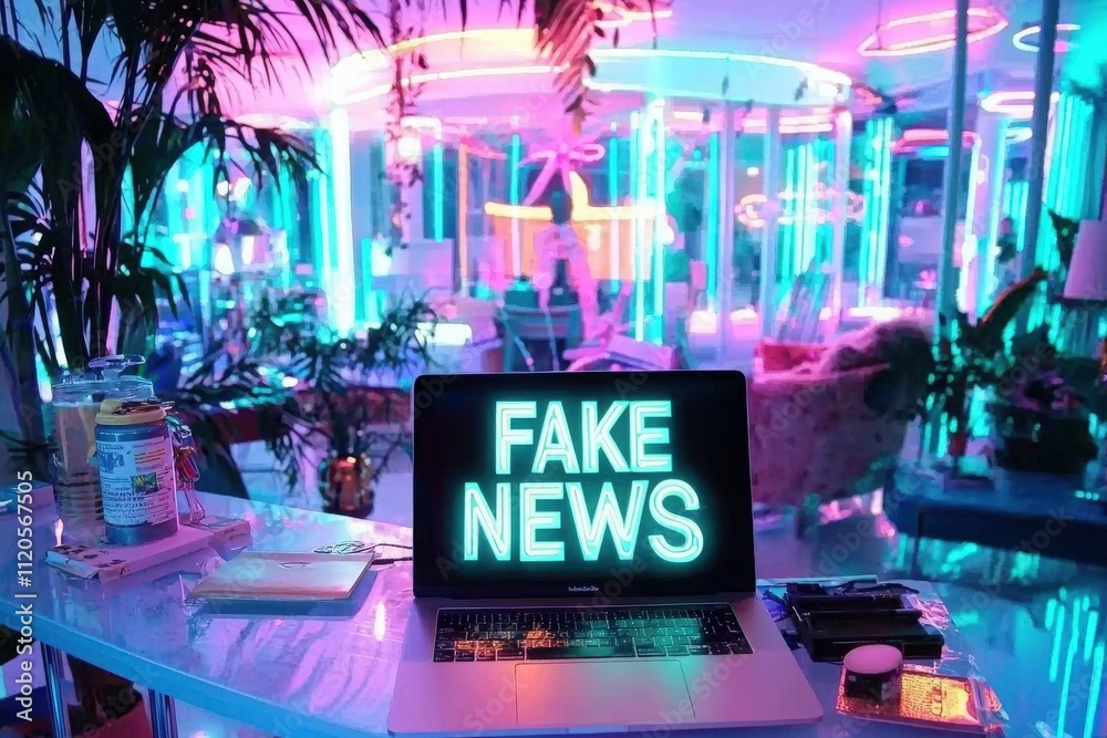 A vibrant, neon-lit room captures attention with glowing lights and contemporary furnishings. A laptop on a table prominently displays a message warning about fake news, creating a striking contrast.