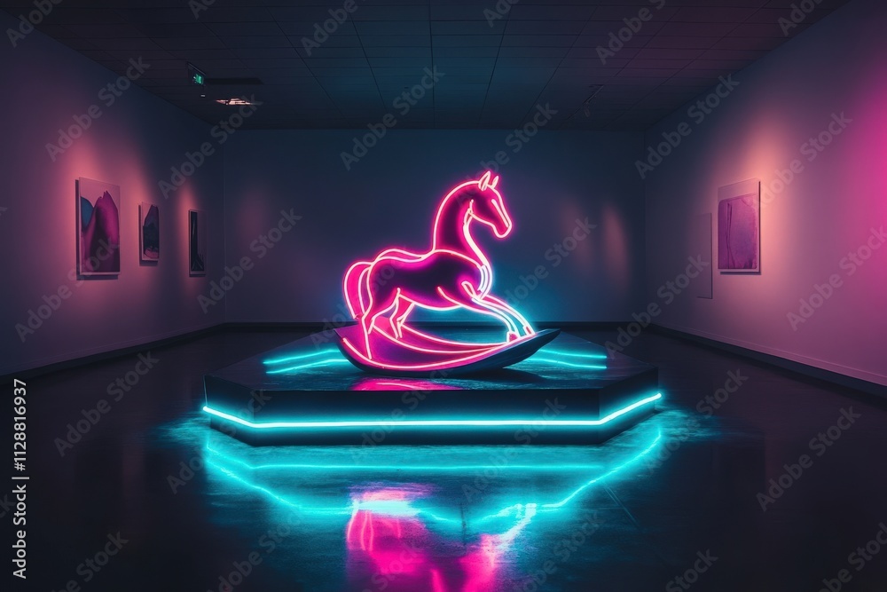 A vibrant neon horse sculpture stands at the center of a contemporary art gallery. The glowing colors create a striking visual effect against the minimalist walls and floor, illuminating the space.